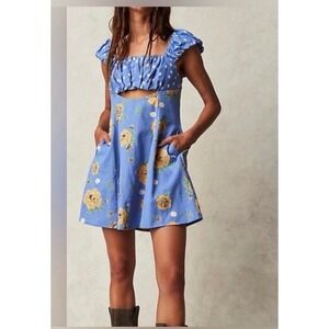Free People Bom Bom‎ Mini Dress Blue Floral Polka Dot Cutout Back | Size Small
